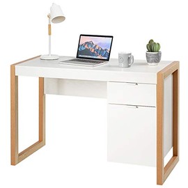 Tangkula Computer Desk with Storage Cabinet & Drawer, White Wooden Home Office Desk, PC Laptop Workstation Study Writing Desk with Smooth Surface, Ideal for Home Office (White & Natural)