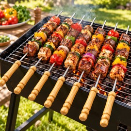 Reusable BBQ skewers for holding meat, vegetables, and other ingredients while grilling kabobs.