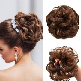 Healthlif Synthetic Hair Bun Fancy Chignon Messy Curly Hair Band Elastic Scrunchy False Hair Pieces For Women Hairpieces (12/26# Brown Auburn & Dark Ash Blonde)