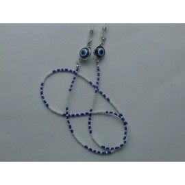 Handmade BLUE DOUBLE SIDED EVIL EYE PROTECTION BEADED EYEGLASS HOLDER NECKLACE CHAIN