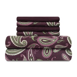 Superior Flannel Brushed Cotton Paisley Bed Sheet Set, Soft, Warm Bedding, Bohemian Floral Sheets, Bedroom Decor, 1 Flat Sheet, 1 Elastic Deep Pocket Fitted Sheet, 2 Pillowcases, Queen, Purple