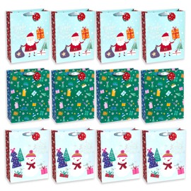 Sheffield Home Pack of 12 Holiday Christmas Xmas Party Favor Jingle Santa Snow Theme Present Bags with Handle and Tags (12 Large 12" x 15" x 5")