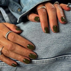 Olive Green Press on Nails Short Square, Natural Gel Nails Glue on Fall Colors 2025 Trendy Acrylic Nails Press ons Featured Protective Coat Reusable Fake Nails 24Pcs Short Coffin Nails
