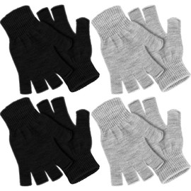 SATINIOR 4 Pairs Winter Half Finger Gloves Knitted Fingerless Mittens Warm Stretchy Gloves for Men and Women (Black, Light Grey)