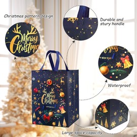 Topeedy 4 packs large Size Xmas Gift Bag,41 * 30 * 18cm Reusable Christmas tote Bag with Handles for Xmas Party Presents-blue and gold