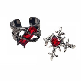 Bailanteバイランデ Unique Dark Cross Thorn Open Ring with Red Zircon Stones - Gothic, Edgy Design, High-End French-Inspired Jewelry for Women - Distinctive and Trendy Accessory - 2 Set