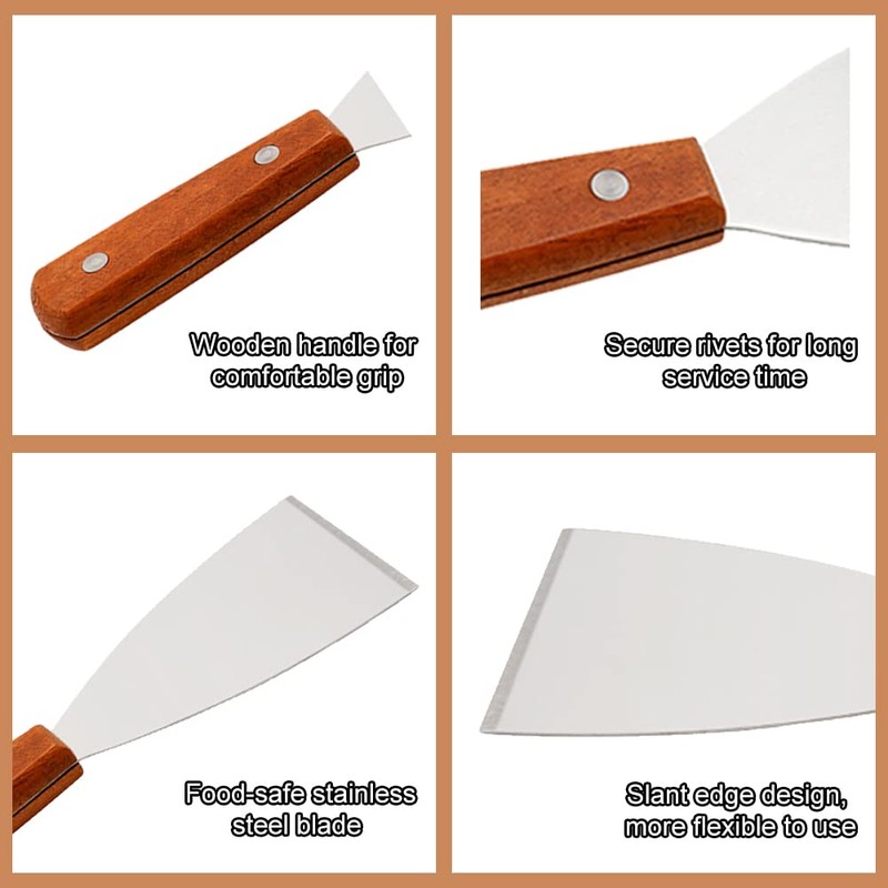 KNVIUE Stainless Steel Grill Griddle Scraper with Wooden Handle, Slant