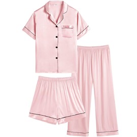 SWOMOG Satin Pyjamas for Teenage Girls Short Sleeve Button-Down Pjs 3 Pcs Kids Nightwear Short Sleeve Lounge Sets Pink 12-13 years old