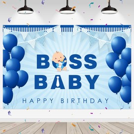 WeBenison Boss Baby Backdrop Happy Birthday Photography Background Banner for Boys Baby Shower Gender Reveal Boy Birthday 1st Birthday Party Outdoor Indoor Banner Decorations 6x4 ft
