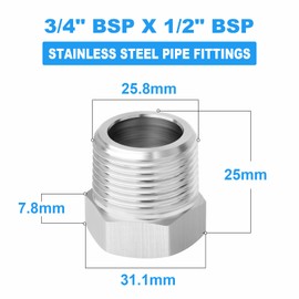 ERGAOBOY 2 Pcs 304 Stainless Steel Reducer Hex Bushing, 3/4" BSP Male to 1/2" BSP Female Pipe, Reducing Adapter Fitting Converter
