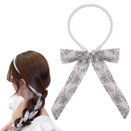 Tofwaol French Pearl Headband for Women Pearl Beaded Head Bands Headband Hair Hoop for Women Girls Vintage Flower Hair Accessories Hairband Wedding Party Bridal Hair Hoop with Long Ribbon