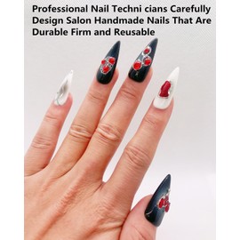 CAMILCY Press on Nails Handmade Nails Luxury Reusable Fake Nails For Girls long Almond Armor Tip Black White Diamonds Hand Painted Salon Loveful Design Acrylic GelUV Finished For Women 3DNails 10PCS S