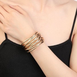 Rrdaily Multi Layered Gold Coil Opening Bracelets, Stacked Interwoven Geometric Metal Lines Bracelets, Vintage Statement Jewelry Gifts for Women(Gold)