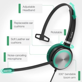 Yealink UH36 - Auriculares profesionales con cable - Auriculares de teléfono para llamadas y música, auriculares con cancelación de ruido con micrófono para computadora PC portátil (compatible con UC,