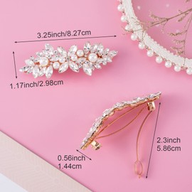 HINZIC 2Pcs Rhinestone Hair Clips Flower Hair Barrettes Crystal Pearl French Hairpins Gold Hair Clip Wedding Accessories for Bride Women Girls