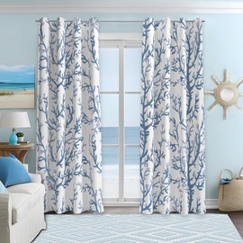 weesire Nautical Coastal Curtains Decorative Beach Ocean Coral 50% Light Blocking Sea Darkening Grommet Curtain for Villa Living Room, Bedroom Light Blue and White 2 Panels Set, 52x96 Inches