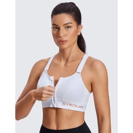SYROKAN Womens' Sports Bra High Impact Support Zip Front Adjustable Large Bust Racerback Wirefree Padded White 34B