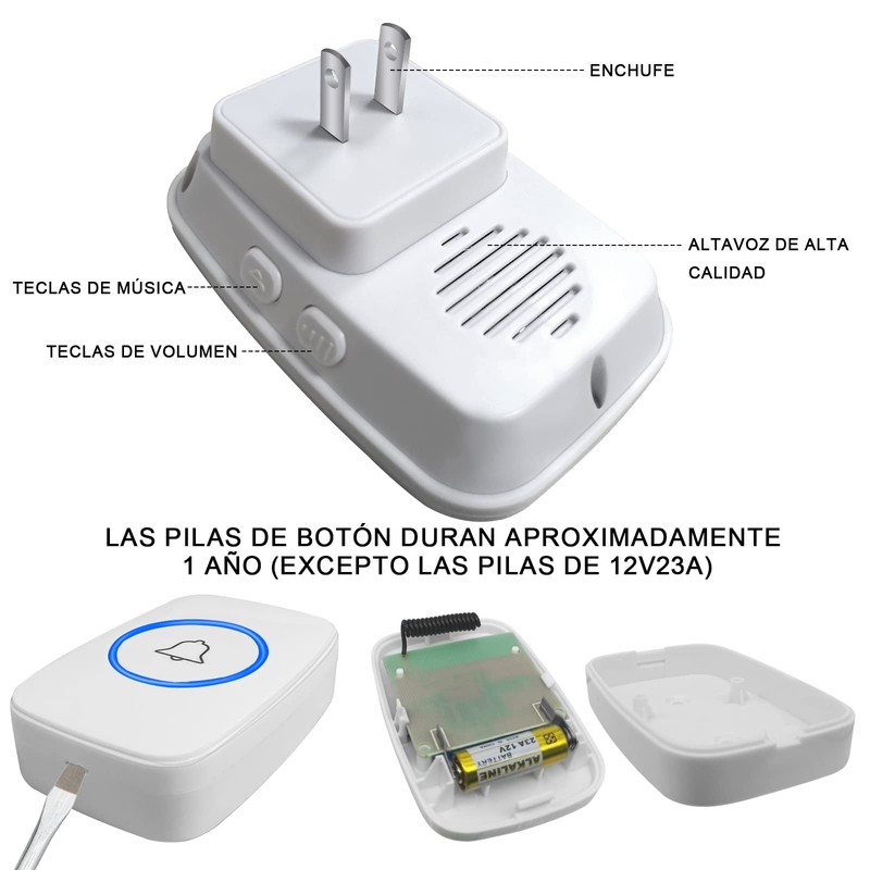 Timbre Inalámbrico para Puerta Exteriores, Botón Impermeable, Rango de Trabajo