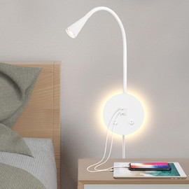 MOLUOLA LIGHTING LED Wall Mounted Reading Light, Flexible Gooseneck Book Light for Reading in Bed, Wall Lamp with USB + Type C Output, Night Light & Spotlight, Focused Bed Lamp (White)