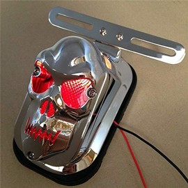 XKMT- Chrome Red Tombstone ABS Plastic Skull Brake Tail Light Signal Compatible with Chopper FLSTN Deluxe [P/N: RS058]