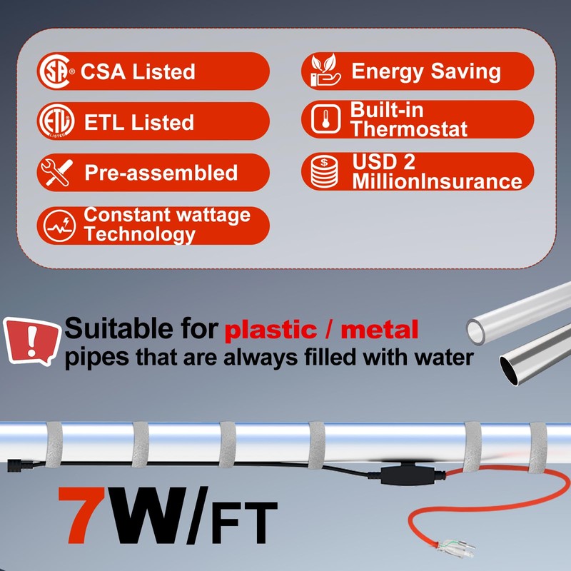 HEATIT Heating Cable for Water Pipes Automatic Heat Tape Pipe
