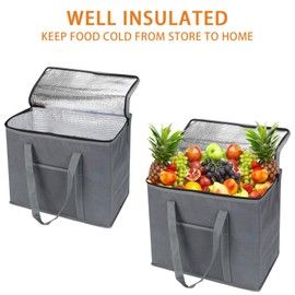 Insulated Reusable Grocery Shopping Bags,Large Food Delivery Cooler Bag,Shopping Tote with Zippered Top for Hot&Cold Food Transport,Stands Upright,Collapsible for Shopping Camping BBQ(Gray-Set of 1)