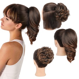 REECHO Ponytail Extension, Messy Bun Hair Pieces 3-in-1 Claw Clip in Ponytail Hair Extensions Short Natural Wavy Hair Bun Hairpieces for Women with Short Thin Hair - Copper Brown