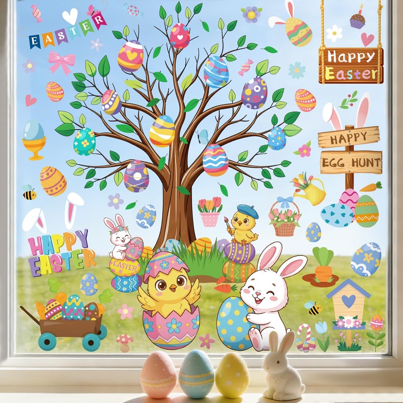 GULWAT 188 PCS Easter Window Clings, Lager PVC Eggs Bunny