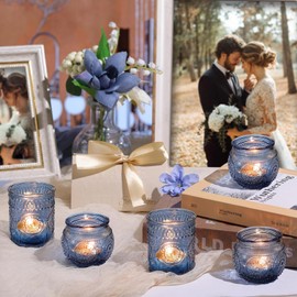 12 Pcs Clear Blue Glass Votive Candle Holders, Vintage Candle Holder Bulk, Tealight Candle Holders for Table Centerpieces, Home, Bridal Shower, Birthday, Party Table Decor