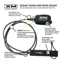 XM SURF MORE Regular 10ft Surfboard Leash with Power Clip Quick Release Upgrade, Cord Thickness (.270in), Key Pocket, Unbreakable Swivels, Detachable Railsaver, Made in USA