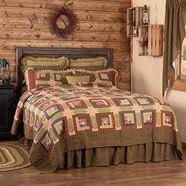 VHC Brands Tea Cabin Twin Quilt 70Wx90L Log Cabin Country Rustic Lodge Design, Moss Green and Deep Red