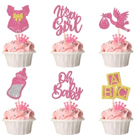 30 piezas de adornos de cupcakes de Oh Baby con purpurina It's a Girl para magdalenas, vestido con lazo, biberón de bebé, decoración de tartas para revelar el género, baby shower, suministros para fiestas de cumpleaños, color rosa