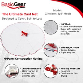 BasicGear Cast Net | Zinc Iron, 12ft Radius, 1/4 inch Mesh for Freshwater and Saltwater Bait Fish | Professional Grade and Upgraded Material | Throw Style