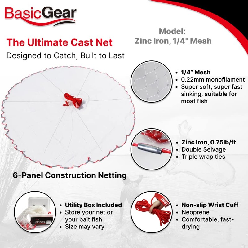 BasicGear Cast Net | Zinc Iron, 12ft Radius, 1/4 inch