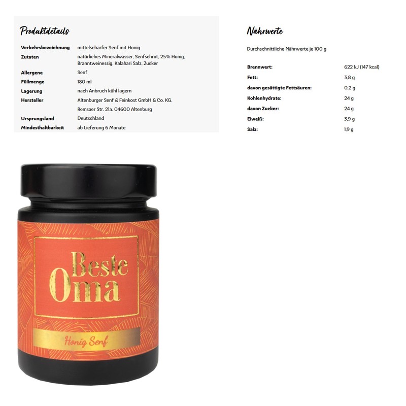 Premium Beste Oma Mustard, 180 ml