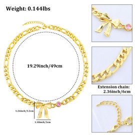 Gold Bow Chunky Choker Necklace for Women 14K Gold Plated Bow Knot Pendant Necklace with Round Pink Cubic Zirconia Ribbon Bowknot Charm Necklace Adjustable Trendy Birthday Party Jewelry Gift for Women