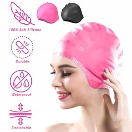 Swim Caps - 2Pcs 3D Swimming Cap for Women Men, Extra Large No-Tightening Head Ear Protection, Waterproof Adult Swim Cap Fits Long Hair & Short, Youth Lightweight Bathing Cap (Pink and Black)