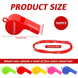JLNGTHONG Pack of 100 Plastic Whistles Children, 5 Colours Whistle Sports Whistles with Lanyard, Colourful Whistle, Plastic Referee Whistle, for School Sports, Football, Dog Training, Sports Lessons