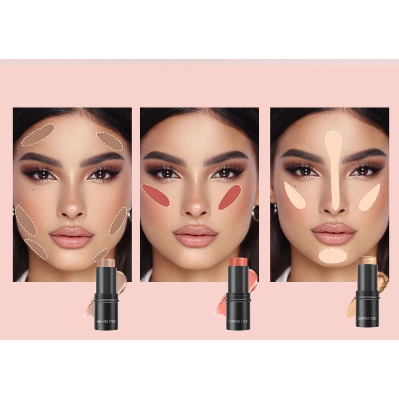 3pcs Highlight Blush Contour Stick Professional Cream Blush Stick for