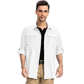Anteef Mens Long Sleeve UV Protection Hiking Fishing UPF 50+ Quick Dry Safari Camping Travelling Shirts (Medium, White)