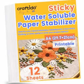 Craftido 12PCS A4 (29.7x21cm) Sticky Water Soluble Embroidery Stabilizer Printable Dissolving Paper Medium Weight Allowed for Print or Draw Patterns Best for Hand & Machine Embroidery