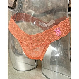 Victoria's Secret Lace THONG Panty Size M AMBER / PINK LOGO NWT$14.50
