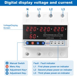 Jadeshay Current Voltage Protector,3 phase Voltage Meter Current Tester Adjustable Overvoltage Undervoltage Protective Device,DIN Rail Surge Protector Relay, AC220V 63A (Size : Dual display)