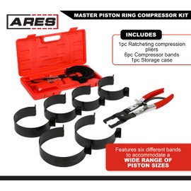 ARES 15092 – Master Piston Ring Compressor Kit – Heavy Duty Stamped Steel Construction for Strong and Secure Band Compression - Piston Size Coverage from 2-7/8-Inch to 4-3/8-Inch (73mm to 111mm)