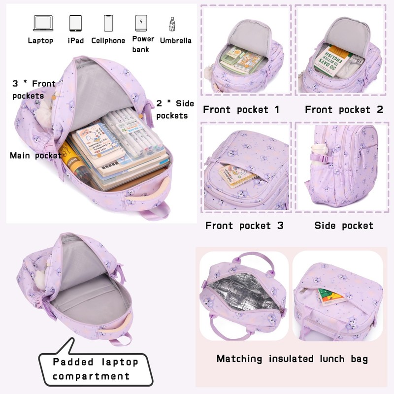 2Pcs Girls Backpack for Kids School Bag with Lunch Bag,