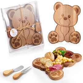 Ziliny 1 Set Baby Shower Party Favors Bear Shaped Cheese Board Set, Include Small Wood Cutting Charcuterie Boards with Knives and Forks Gift Box for Wedding Bridal Shower Birthday (Acacia Color)