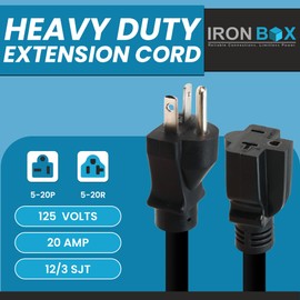 IronBox Electric NEMA 5-20P to 5-20R Extension Cord - 20A, 125V, 12/3 SJT Jacket - Heavy Duty Outdoor Generator Cords & Plugs - UL Listed Extension Cable for Data Centers, Camper & More (3ft, Molded)