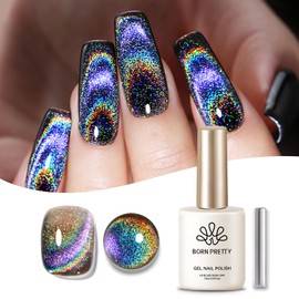 Born Pretty Cat Magnetic Eye Gel Nail Polish, Rainbow Laser Holographic Cat Magnetic Gel, Black Holo Glitter Magnetic Soak Off U v Nail Gel Diy Art for Girls Women 15ML