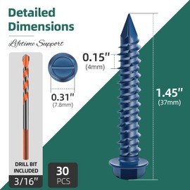 EASTPUK 30Pcs 1/4x 1-1/4" Concrete Screws Anchors with Drill Bit, Hex Washer Head Concrete Masonry Screws for Masonry, Block, Brick Stucco, Blue Coated Cement Screw