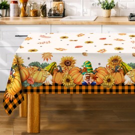 Unibyby Fall Tablecloth, Fall Table Cloth Rectangle 60 x 104 with Gnomes Pumpkins and Maple Leaves, Autumn Oblong Tablecloth Buffalo Check Plaid Kitchen Table Cover for Dining Room Gnome Indoor Decor